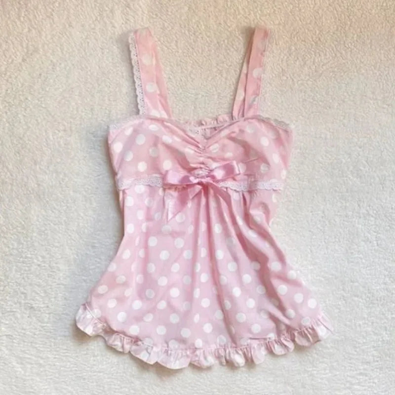 Voguable  Women Vintage Polka Dot Lace Patchwork Sweet Summer Fashion Girl Y2k Harajuku Crop Tank Tops Female Casual voguable