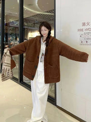 Korean Knitted Hoodie Sweater Women Autumn New Loose Lazy Style Long Sleeve Cardigan Fashion Single Breasted V Neck Knit Coats voguable