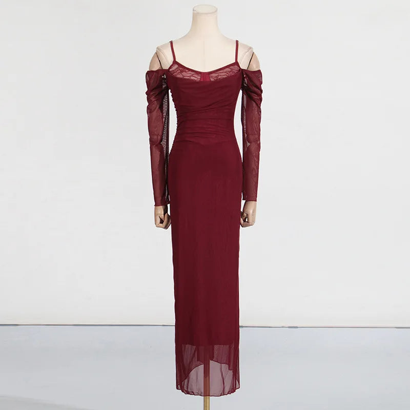 2025 New Lace Patchwork Sexy Streetwear Long Dress V-neck Tight Slit Party Dress Spring Summer Off Shoulder Fashion Vestidos voguable