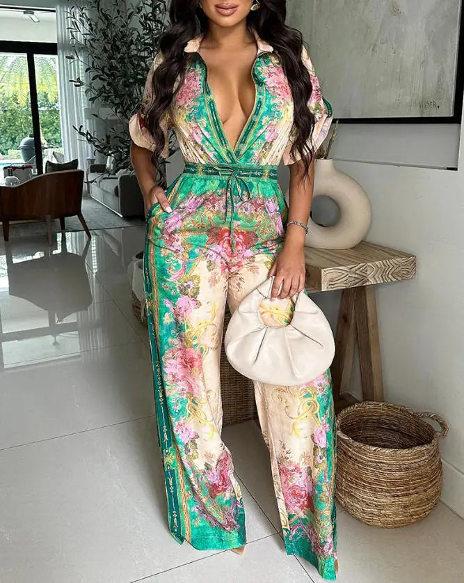 Voguable  Spring/Summer New Women's Retro Printed Collar Curly Sleeve Front Button Drawstring Elastic Wide Leg Holiday jumpsuit voguable