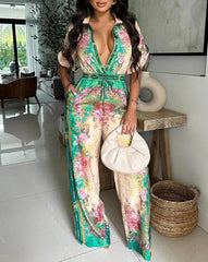 Voguable  Spring/Summer New Women's Retro Printed Collar Curly Sleeve Front Button Drawstring Elastic Wide Leg Holiday jumpsuit voguable