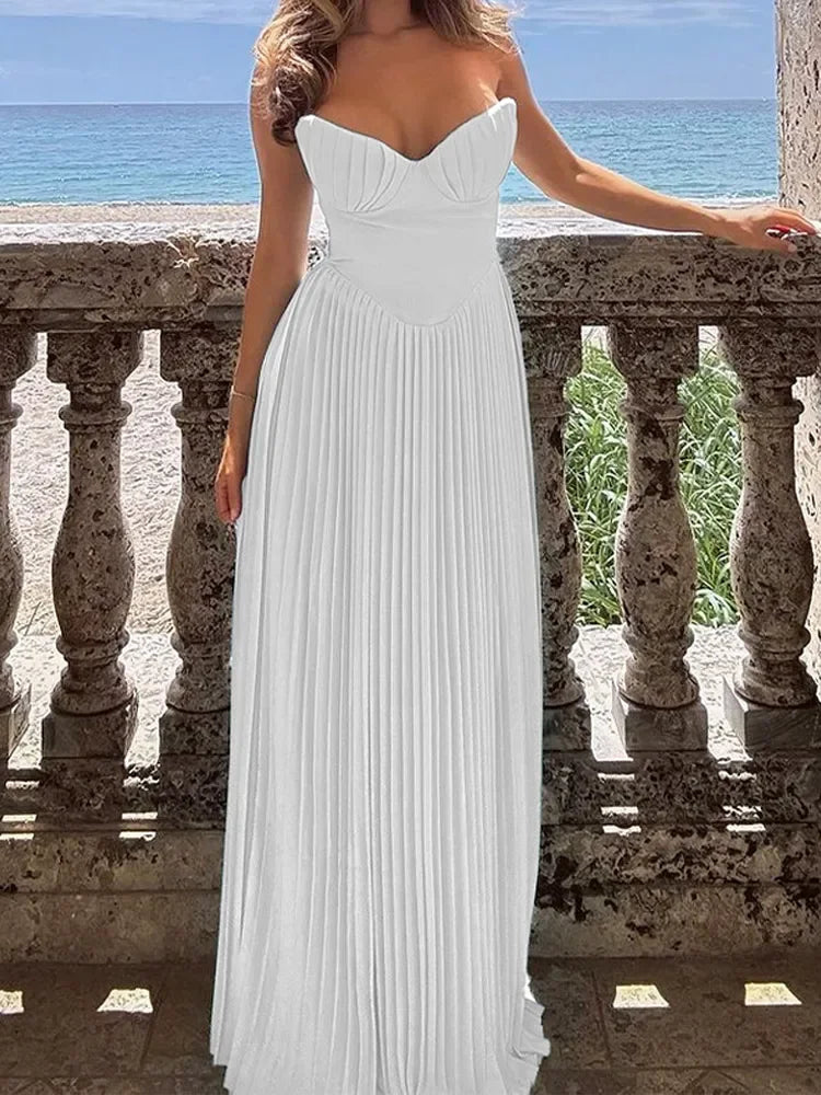 Fashion Strapless Women Pleated Hem A-line Dress Sexy Backless Sleeveless High Waist Maxi Dress Female Chic Party Evening Robes voguable