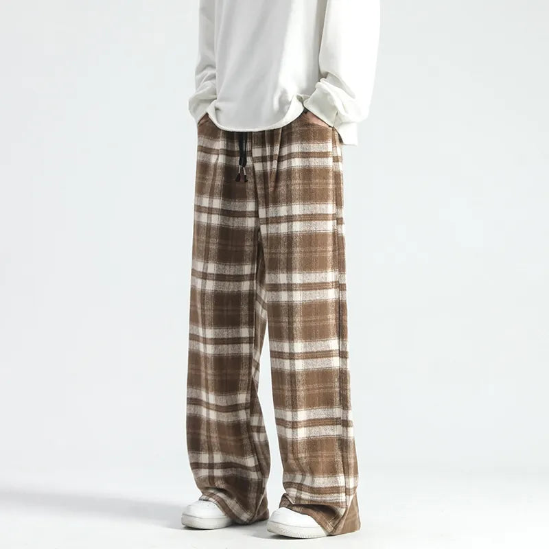 Vintage Color Plaid Pants Men's Loose Wide Leg Pants Autumn New Lazy Wind Straight-leg Leisure Trousers Male Jogger Sweatpant voguable