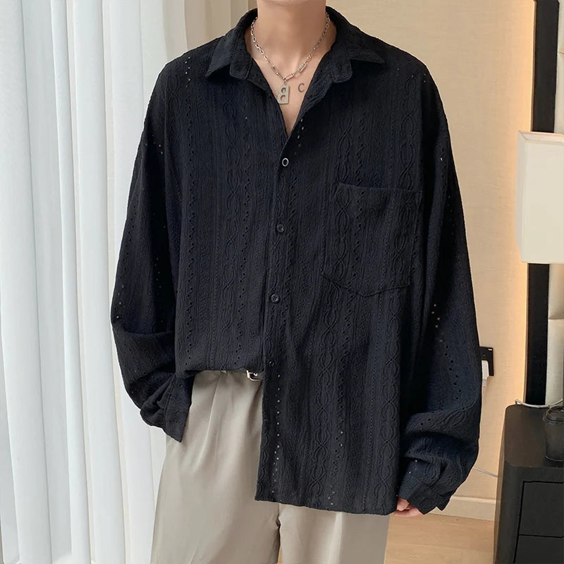 Voguable Shirts for men Apricot Handsome Lapel Men Blouse Vacation Hollow Out Sexy Fashion Men Clothing Male Mesh Long-sleeved Shirts voguable