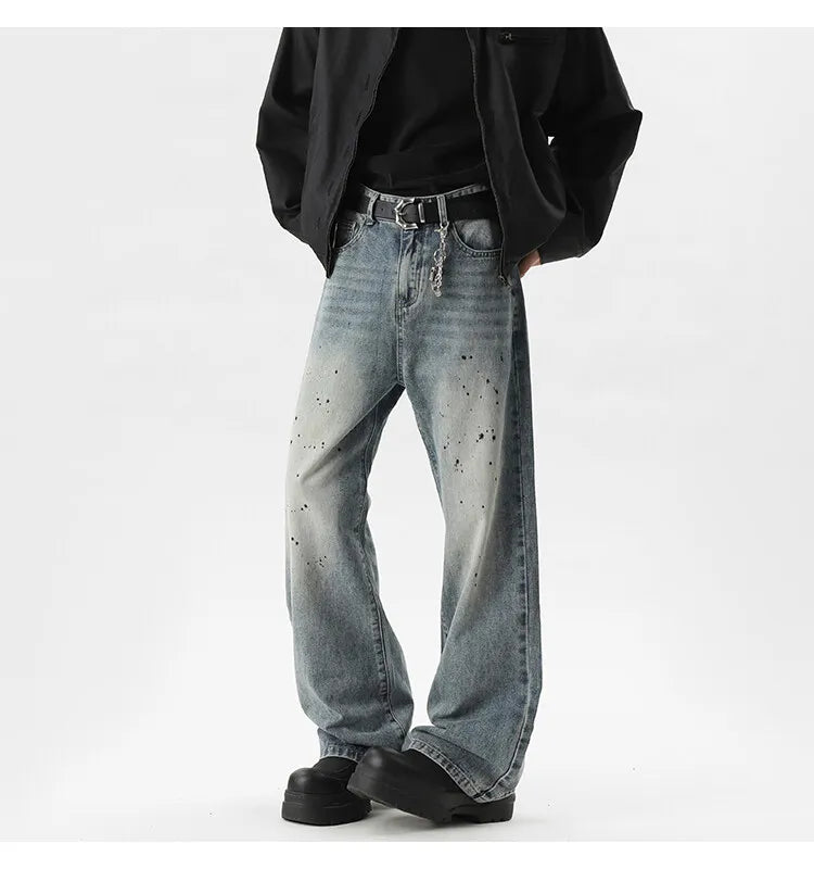 Summer Men's Denim Pants Old Blue Washed Male Jeans Straight fleck Casual Menwear Loose Wide Leg Trousers 2024 New Fashion voguable