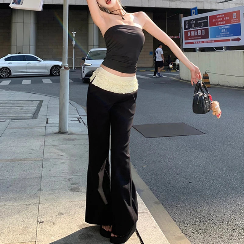 Voguable 2024 Spring New Streetwear Contrast Color Patchwork Pleated Casual Wide Leg Pants Women + Sexy Camisole Two-Piece Suit voguable