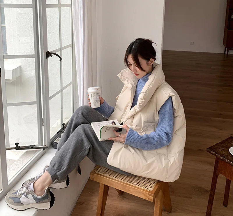 Voguable Korean Chic Thick Puffy Vest Women Winter Warm Streetwear Parkas Jacket Simple Loose Zipper Casual Cotton Down Solid Vest voguable