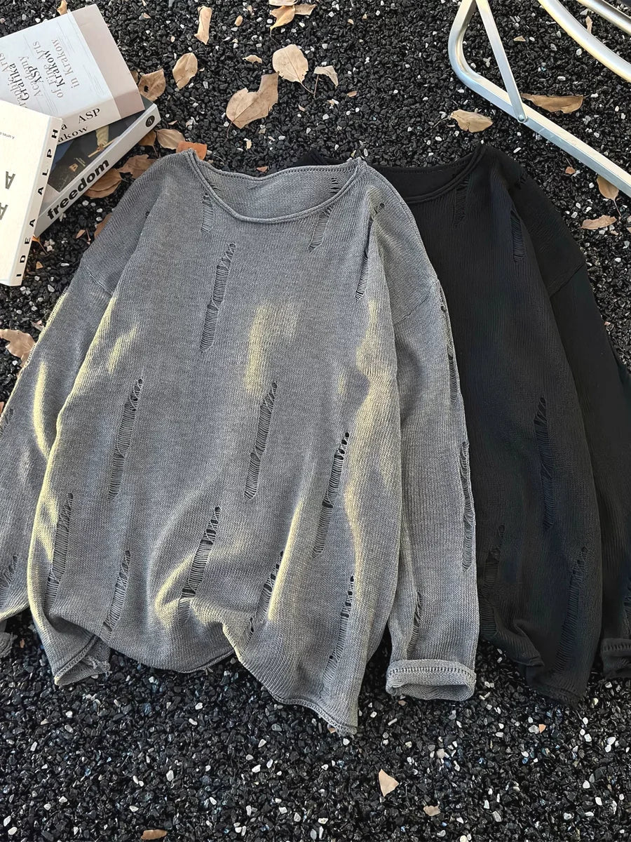 Voguable  Ripped Knitted Lace Mesh Sunshade Long Sleeve T-Shirt for Men Casual Style Breathable Comfortable round Neck Design voguable