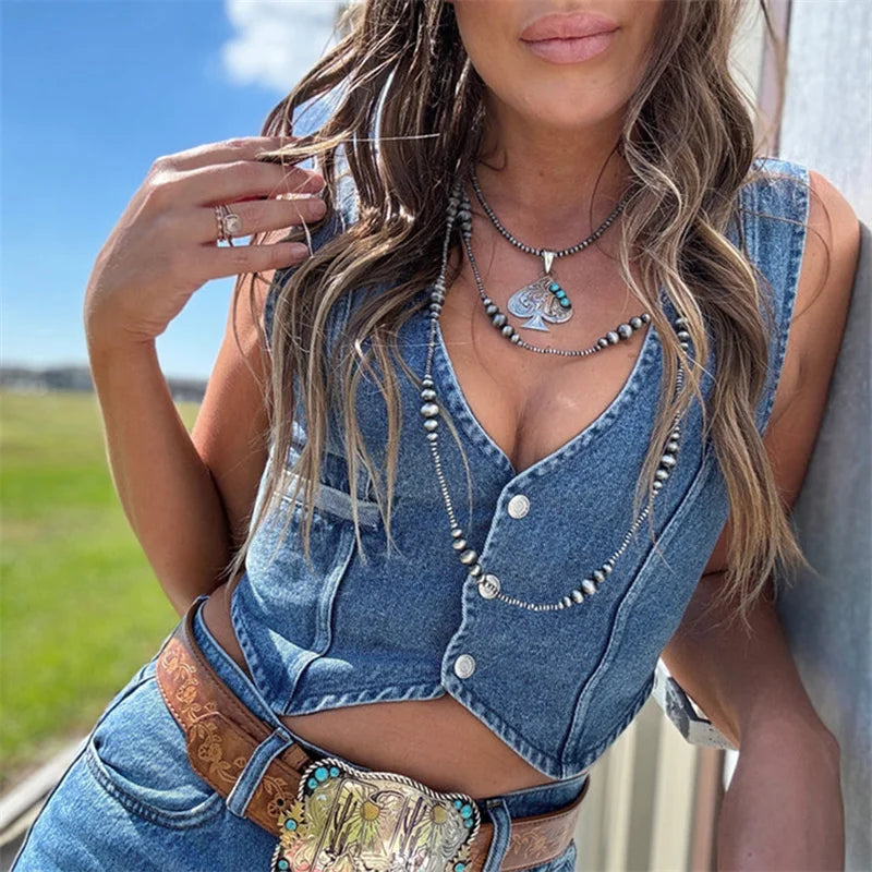 Denim Tank Tops for Women Summer Solid Color V Neck Single Breasted Sleeveless Jeans Vest y2k Waistcoat Streetwear voguable