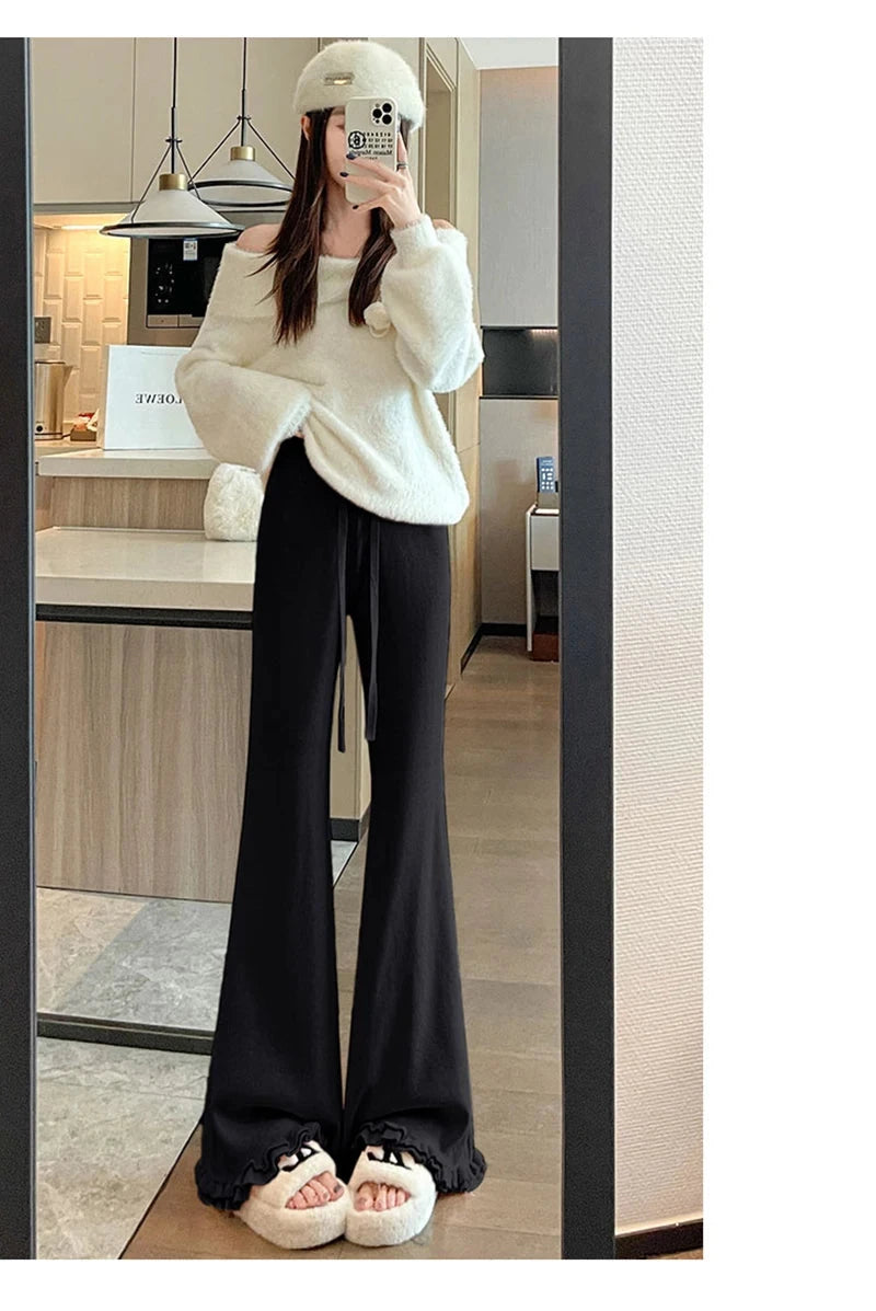 Ruffles Knitted Flare Pant Women High Waist Fashion Loose Fall Winter Trousers Korean Chic Elegant Lady Sweet Solid Pants voguable
