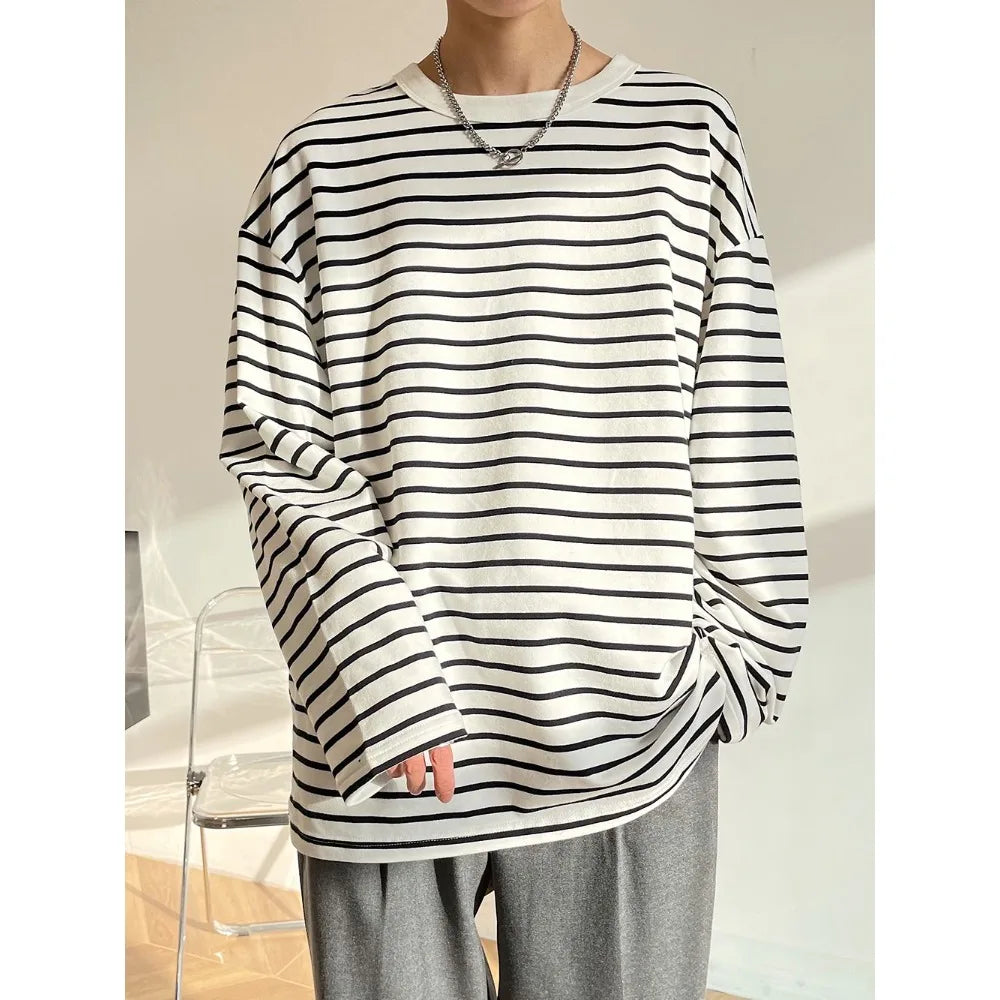 Autumn Korean Fashion Retro Heavy Striped Long Sleeve T-shirt Men Round Neck Harajuku Loose Casual Inner Wear Oversized T Shirt voguable