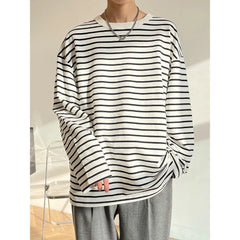 Autumn Korean Fashion Retro Heavy Striped Long Sleeve T-shirt Men Round Neck Harajuku Loose Casual Inner Wear Oversized T Shirt voguable