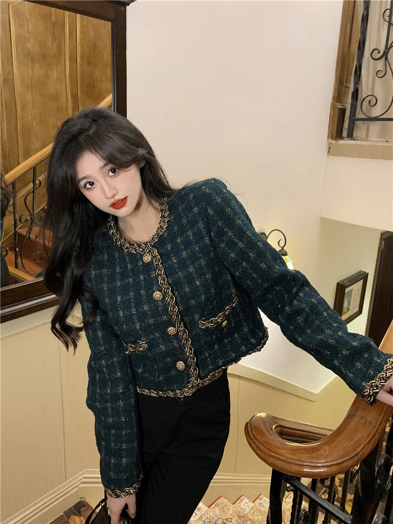 Vintage Cropped Tweed Jacket Women Elegant Blazer Korean Single Breasted Short Coats Autumn Winter Chic Suit Outerwear New voguable