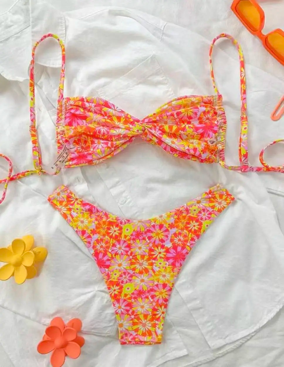 Voguable  Strappy Thong Bikini Women Printed Floral Swimwear Female Sexy Swimsuit Bathers Bathing Swimming Swim Suit Beachwear voguable