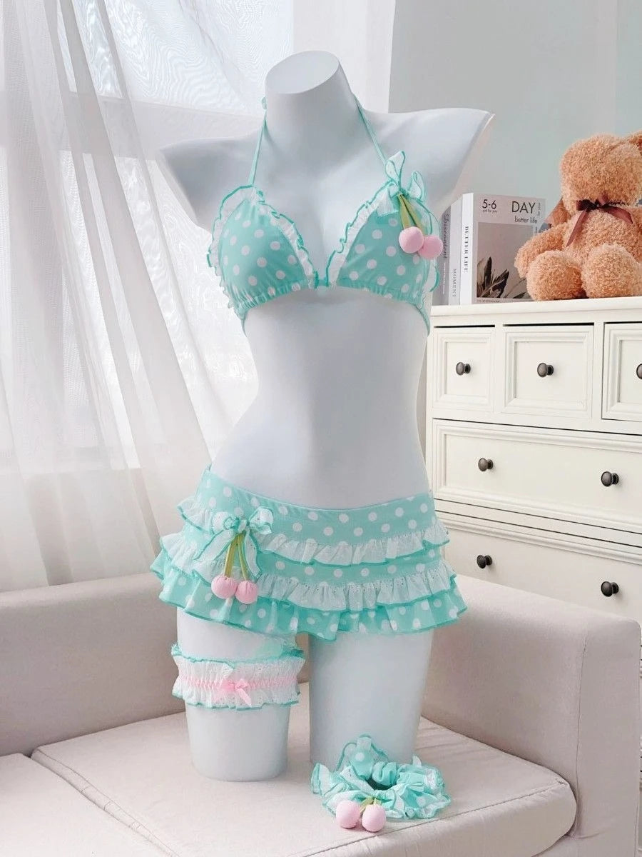 Voguable  Japanese Style Kawaii Girls Swimsuit Sweet Printed Halter Bikini Swimsuit Women Ruffle Bikini Set Bather Bathing Suit Swim voguable