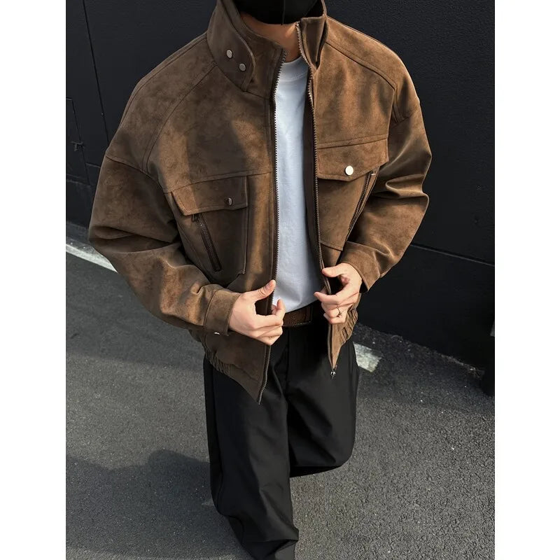 Mens Short Stand Collar Motorcycle Jacket Patchwork Cargo Biker Coat Spring Outdoor Riding Fashion Streetwear Urban Trendy voguable