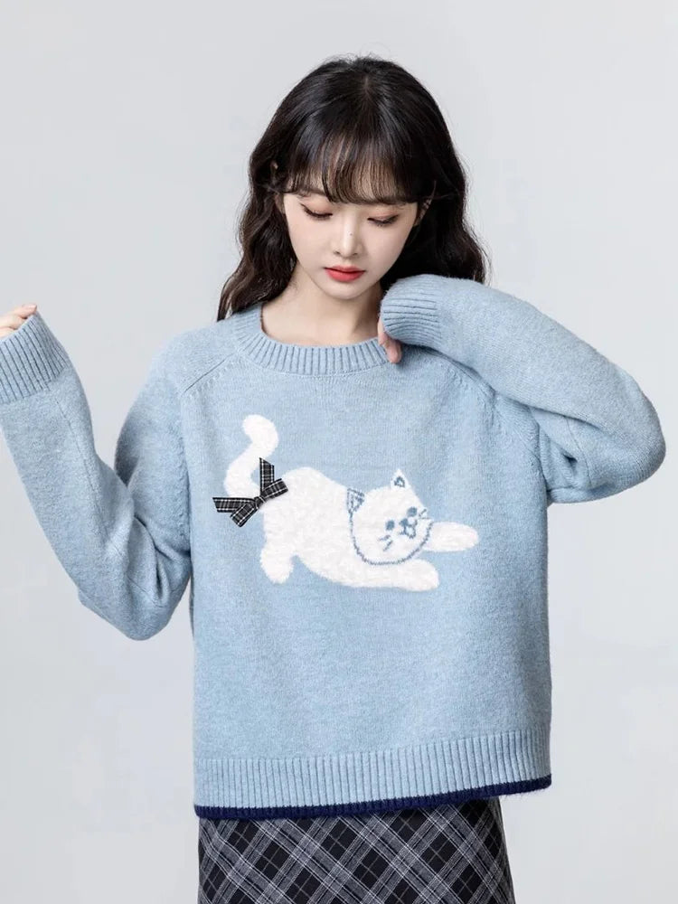 Cartoon Cat Print Kawaii Sweaters Women Sweet Bow Long Sleeve Cute Knitted Jumper Vintage Japan O Neck Casual Loose Pullovers voguable