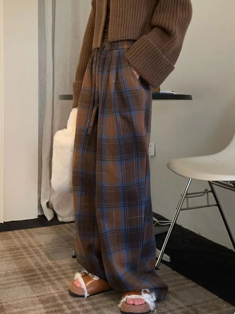Faux Woolen Warm Plaid Pants Women Vintage Harajuku High Waist Wide Leg Trousers Streetwear Retro Loose Casual Fall Winter Pant voguable