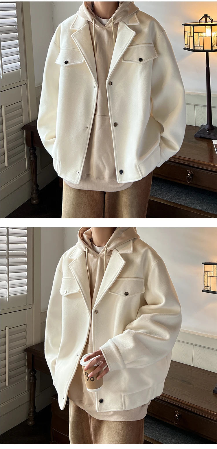 Winter Short Woolen Coat Men Warm Fashion Casual Thick Woolen Jacket Men Korean Loose Thicken Woolen Coat Mens Black Overcoat voguable