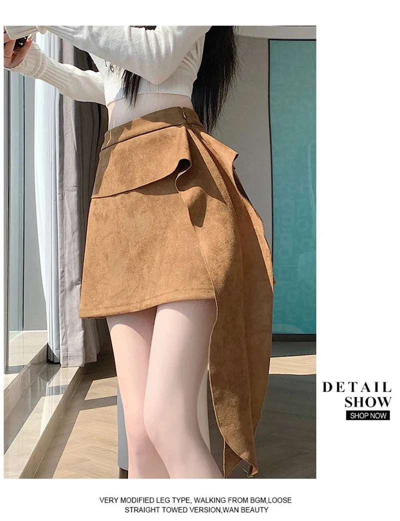 Sexy Slim Faux Suede Skirt Women High Waist Streetwear Vintage Bow Mini Skirts Fall Winter Casual American A Line Skirt New voguable