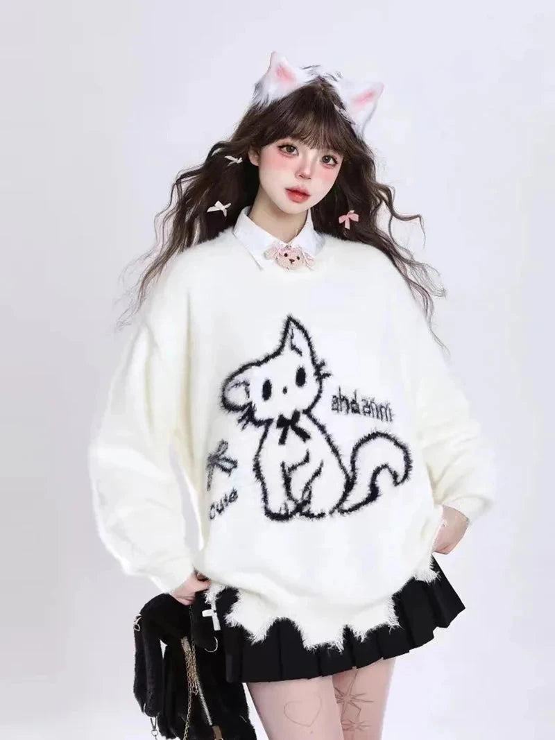 Kawaii Hole Sweet Sweaters Women Vintage Faux Mink Cashmere Cartoon Knitted Jumper Preppy Style Cute Japan Lazy Wind Tops voguable
