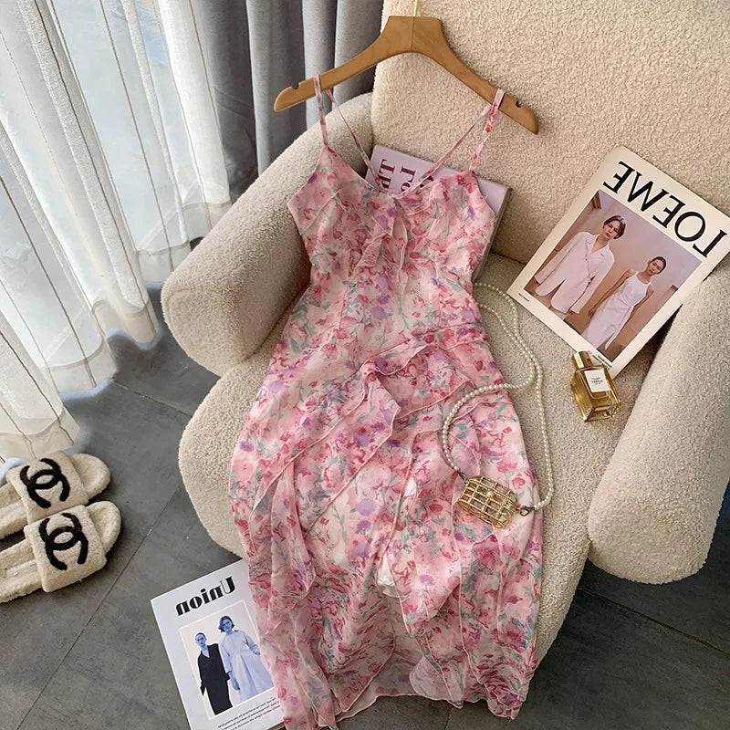 Voguable Women Sexy Backless V-Neck Floral Print Suspender Dresses  2023 Summer High Waist Chiffon Hotsweet Beach Ruffles Dress voguable