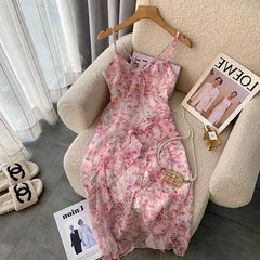 Voguable Women Sexy Backless V-Neck Floral Print Suspender Dresses  2023 Summer High Waist Chiffon Hotsweet Beach Ruffles Dress voguable