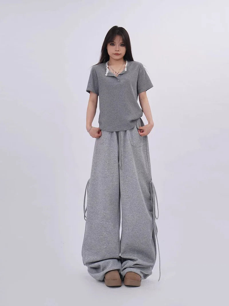 Streetwear Gray Sweatpants Women Low Waist Loose Harajuku Pockets Pants American Casual Hip Hop Lace Up Oversize Bf Trousers New voguable