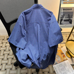 Voguable  American retro embroidered blue checkered short-sleeve shirt for men and women, summer casual loose high-end top for men voguable