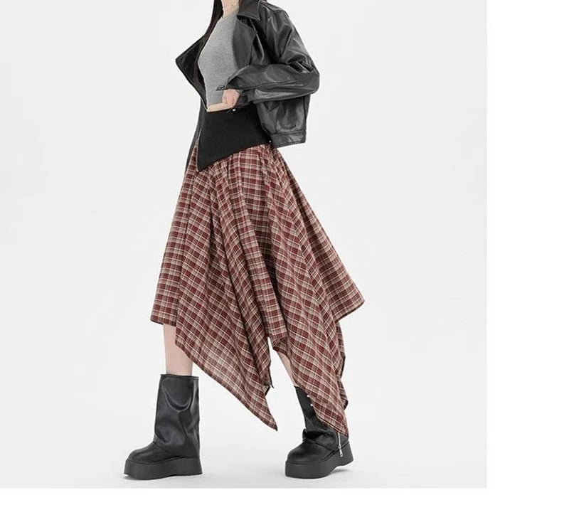 Y2K Streetwear Plaid Long Skirt Women High Waist Retro Hip Hop Irregular Skirt Fall Casual American Gothic Female Long Skirts voguable