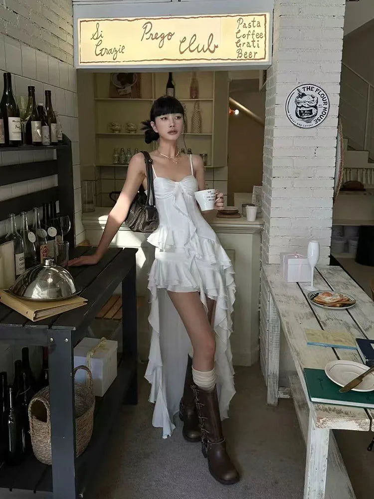 Y2K Streetwear Lace Camisole Dress Women Aesthetic Ruffle Slim Irregular Midi Dress Summer Club Party All Match Ladies Vestidos voguable