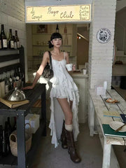 Y2K Streetwear Lace Camisole Dress Women Aesthetic Ruffle Slim Irregular Midi Dress Summer Club Party All Match Ladies Vestidos voguable