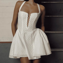 White Halterneck Mini Dress For Women High Waist Hollow Lace Up Embroidery Sleeveless Folds Sexy Backless Evening Dress voguable