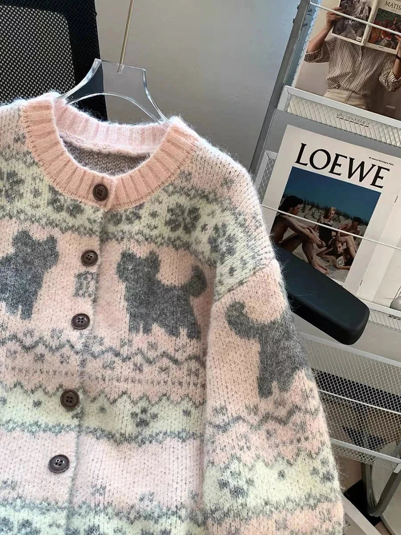 Sweet Pink Cartoon Cardigan Sweaters Women Vintage Lazy Wind Long Sleeve Cute Knitted Coat Casual Japan Kawaii Loose Tops voguable