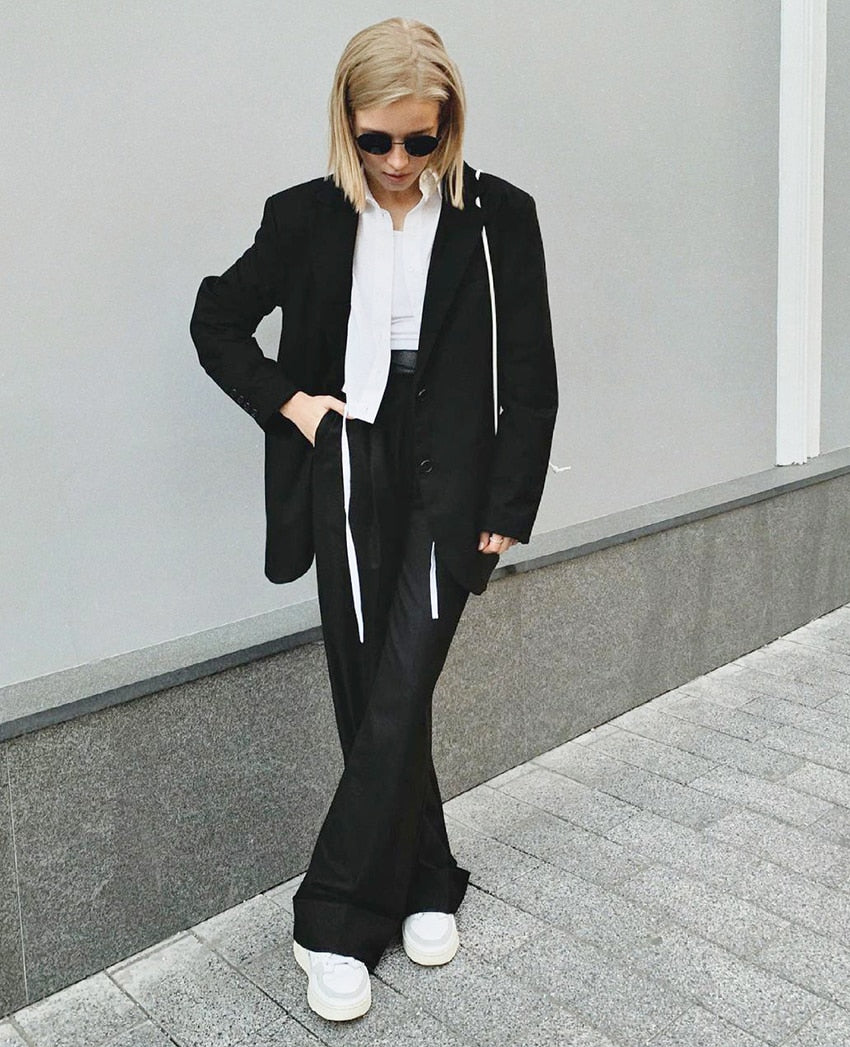 Spring Summer Black Ladies Office Trousers Women High Waist Pants Pockets Female Pleated Wide Leg Pants Solid voguable