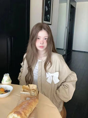 Sweet Bow Korean Jacket Women Fall Preppy Style Cute Long Sleeve Coat Vintage Casual O Neck Loose Female Pockets Tops New voguable