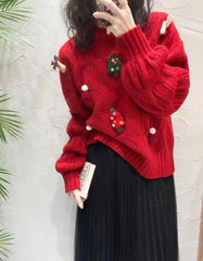 Red Christmas Sweater New Autumn/Winter Women's Unique Colorful Decal Atmosphere Feel Pullover Fashion Versatile Loose Top New Year voguable