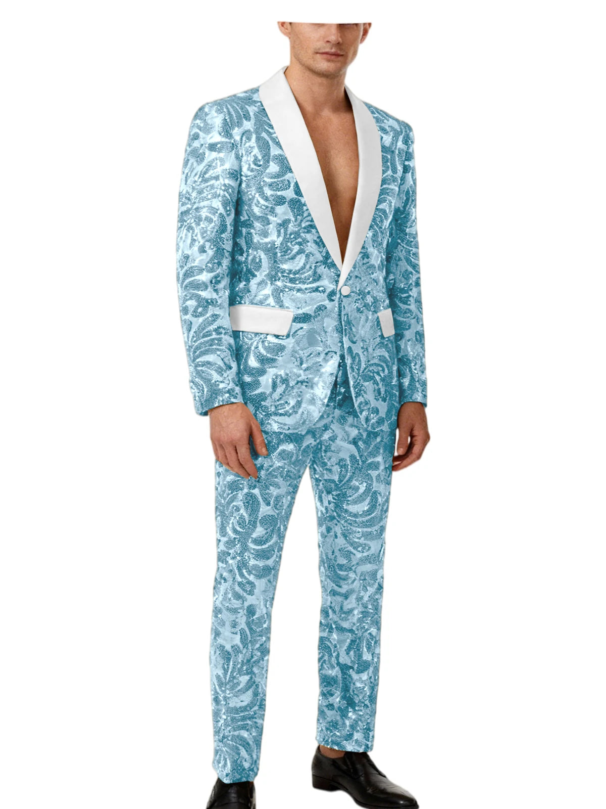 Voguable  Luxury Men's Sequin 2 Piece Set (Blazer+Pants) Shawl Collar 1 Button Slim Fit Sparkly Tuxedos Jacket Trousers for Wedding Party voguable