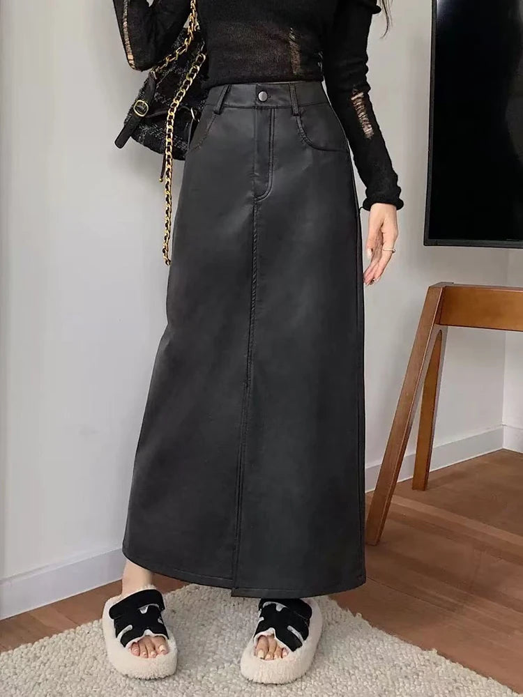 Vintage Pu Leather Split Midi Skirts Women Y2K High Waist Streetwear All Match Hip Skirt Korean Solid Casual Ladies A Line Skirt voguable