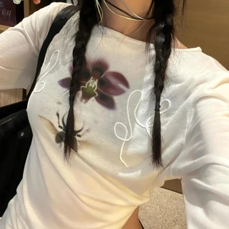 Y2k Printed Off Shoulder T-shirt Sweet Transparent White Long Sleeve T-Shirts Korean Fashion Casual Loose Tops Slim Up voguable