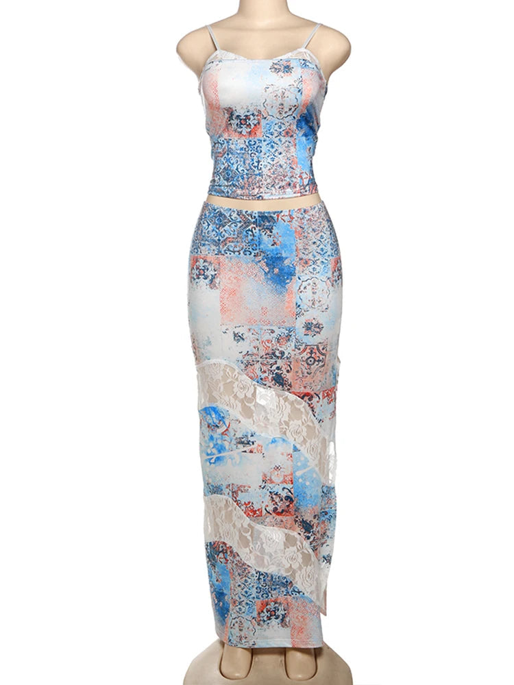 Colorful Fashion Print 2 Piece Set Women Sexy Backless Camisole+Mesh Patchwork Long Skirts Vacation Streetwear Outfits voguable