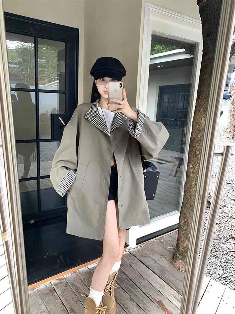 Korean Chic Elegant Jacket Women Loose Design Double Sided Wear Plaid Coat Fall Fashion Long Sleeve Sweet Pockets Outwear voguable