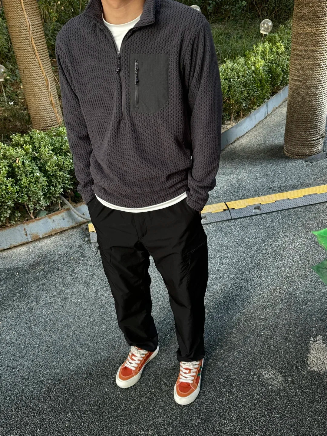 Voguable  Outdoor Half Zipper Fleece Sweatshirt Couple Style Stand Collar Wave Texture Thermal Casual Men's Women's Warm Cardigan Sweater voguable