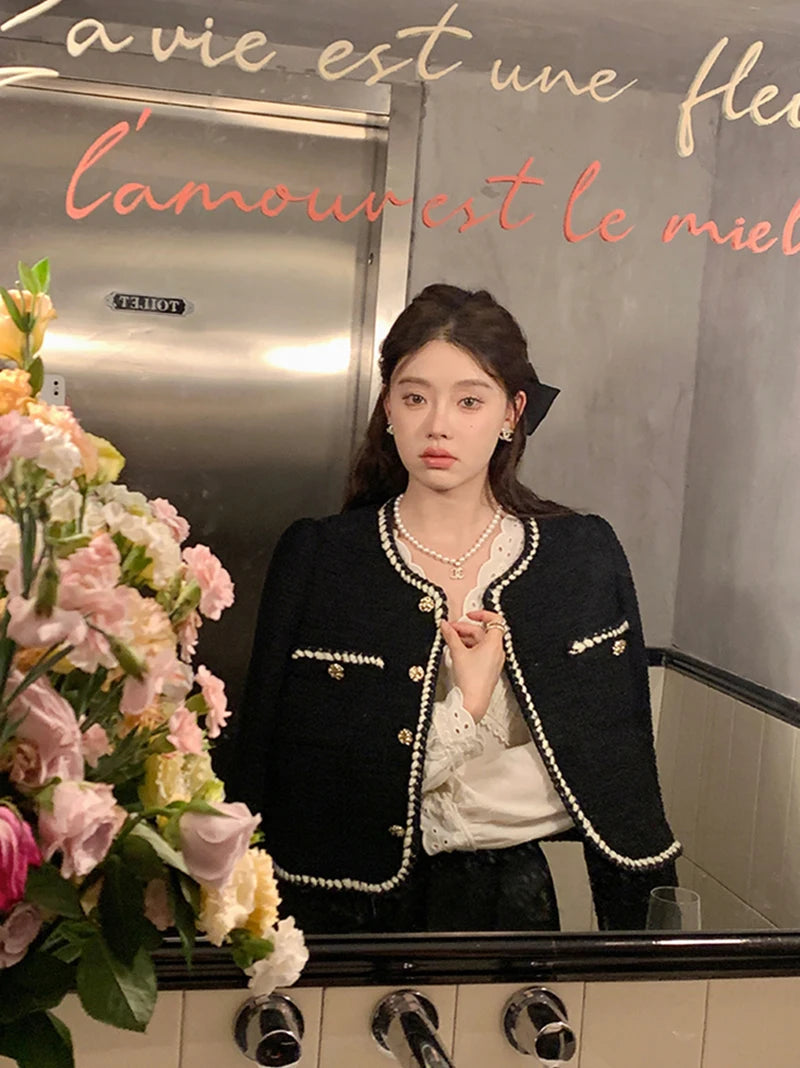 Vintage Jackets Women Black Tweed Cropped Coat Korean Elegant Thicken Single Breasted Blazer Casual Short Outerwear Tops voguable