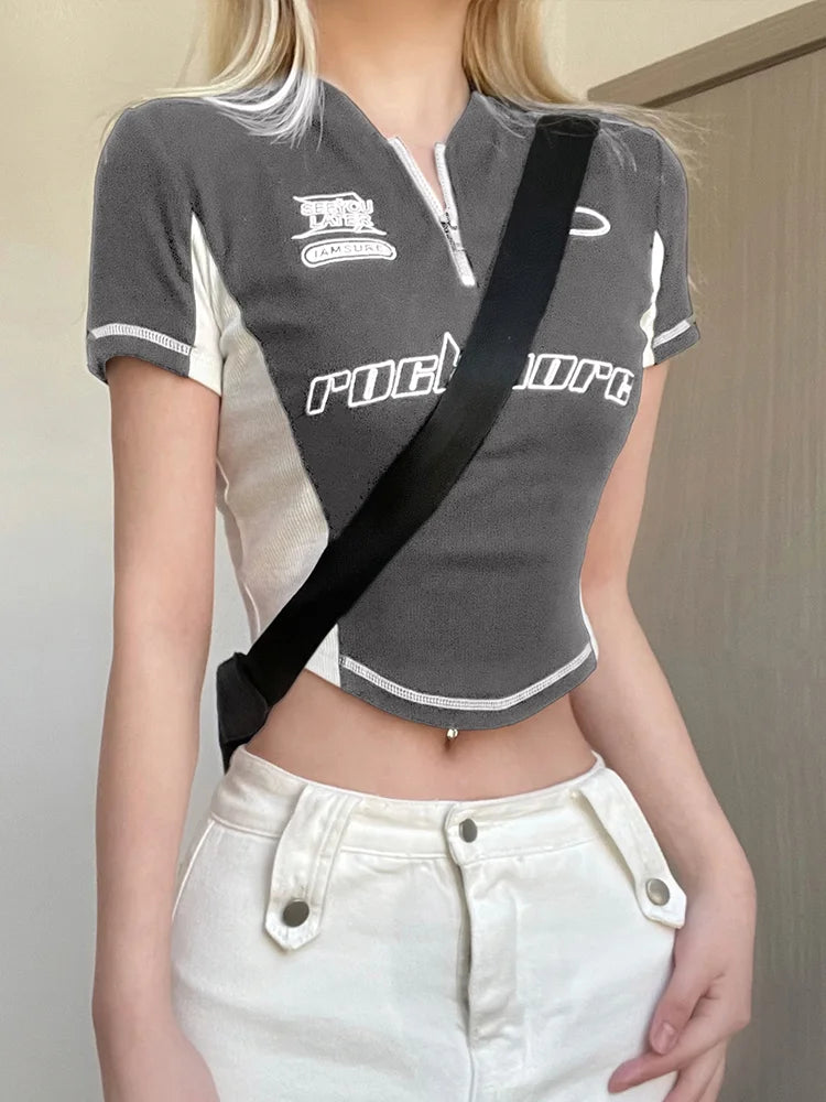 Voguable Techwear Stitching Printing T-shirt Fashion Zipper V-neck Top Streetwear Cool Hot girls Summer Short Sleeve Clothes voguable