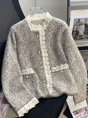 Faux Mink Cashmere Gray Cardigan Women Lace Patchwork Long Sleeve Elegant Knitted Sweaters Vintage Korean Casual Pockets Tops voguable