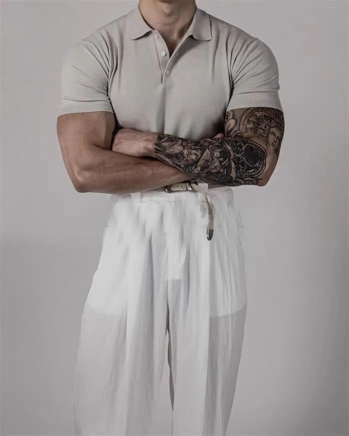 Voguable  American Style Hard Man  Color Ice Silk  Shirt Muscle Men Slim Short Sleeve Workwear T-Shirt Tight Sleeve Casual Gol... voguable