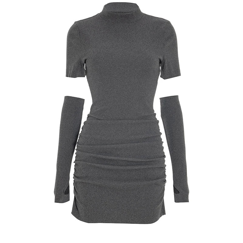 Voguable  New Fashion Half High Neck With Sleeves Slimming Ruched Bodycon Women's Fall Mini Dress Solid Sexy Nightclub Knitted Vestidos voguable