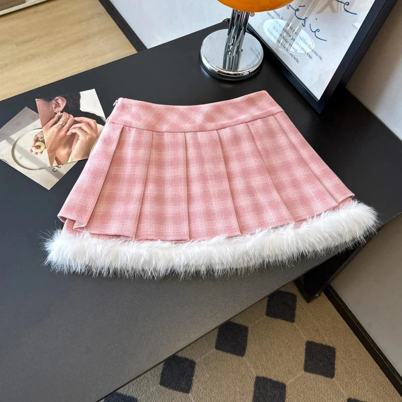 Sexy Sweet Plaid Skirt Women High Waist Faux Woolen Fashion Korean Mini Skirts Fall Winter Preppy Style Slim A Line Skirt voguable