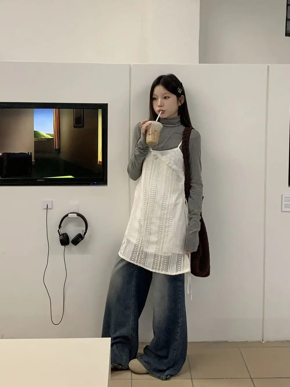 Voguable 2024 Spring New Korean Hollow Loose Casual Asymmetric Lace Sling Dress Women + Solid Color Long-sleeved T-shirt Two-piece Suit voguable